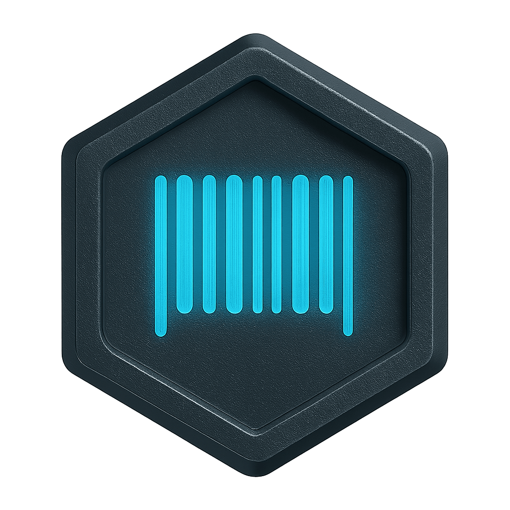 Asset Management: Hexagonal metallic badge with a glowing blue barcode icon representing asset identification and tracking.