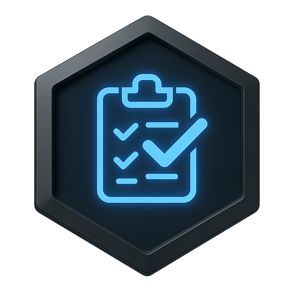 Hexagonal metallic badge with a glowing blue clipboard and checkmarks icon symbolizing audit management.