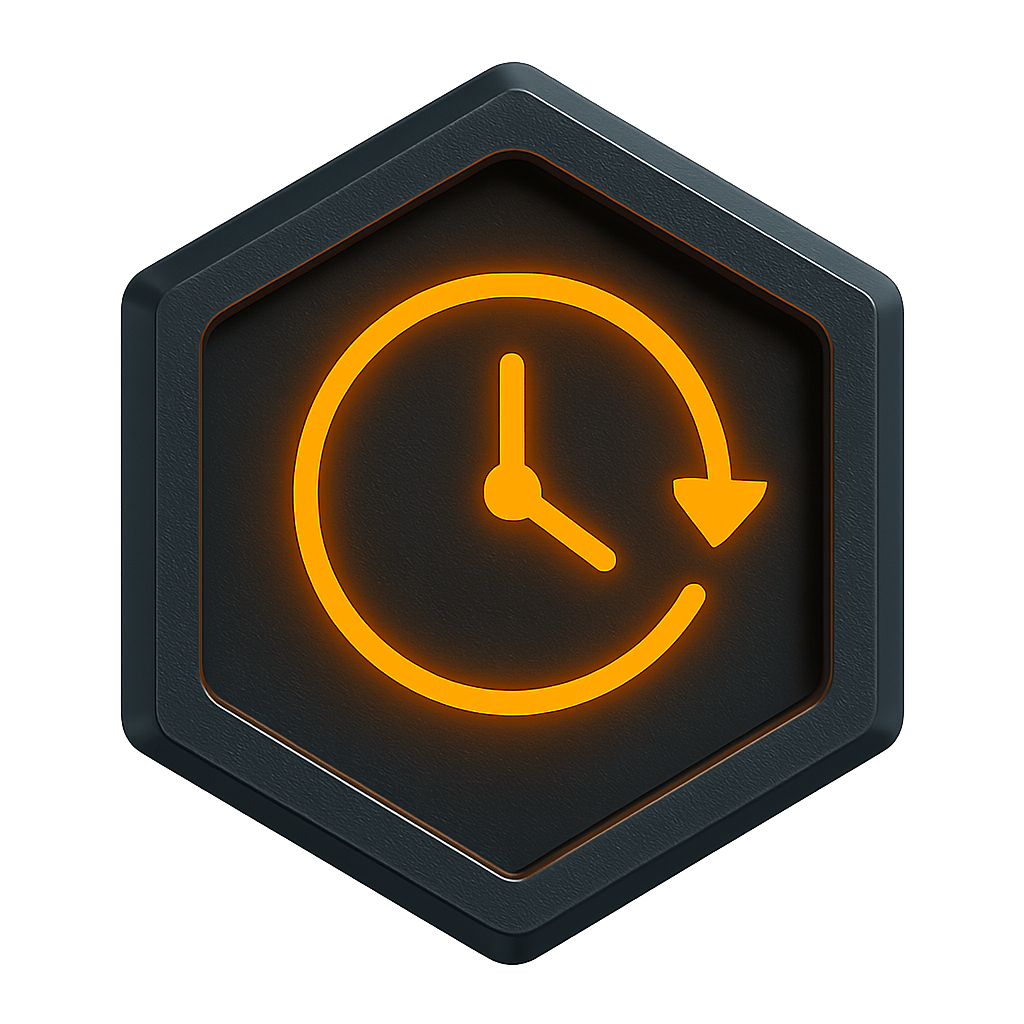 Business Continuity: Hexagonal metallic badge with a glowing orange circular arrow and clock icon representing business continuity management.