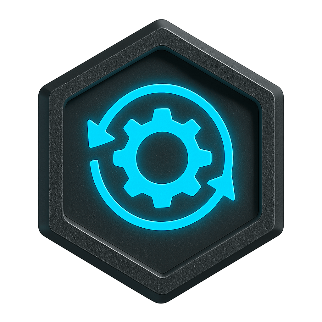 Change Management: Hexagonal metallic badge with a glowing blue gear wrapped by circular arrows icon symbolizing change management processes.