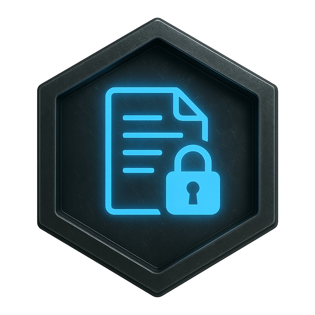 Document Control: Hexagonal metallic badge with a glowing blue document and padlock icon representing secure document control.