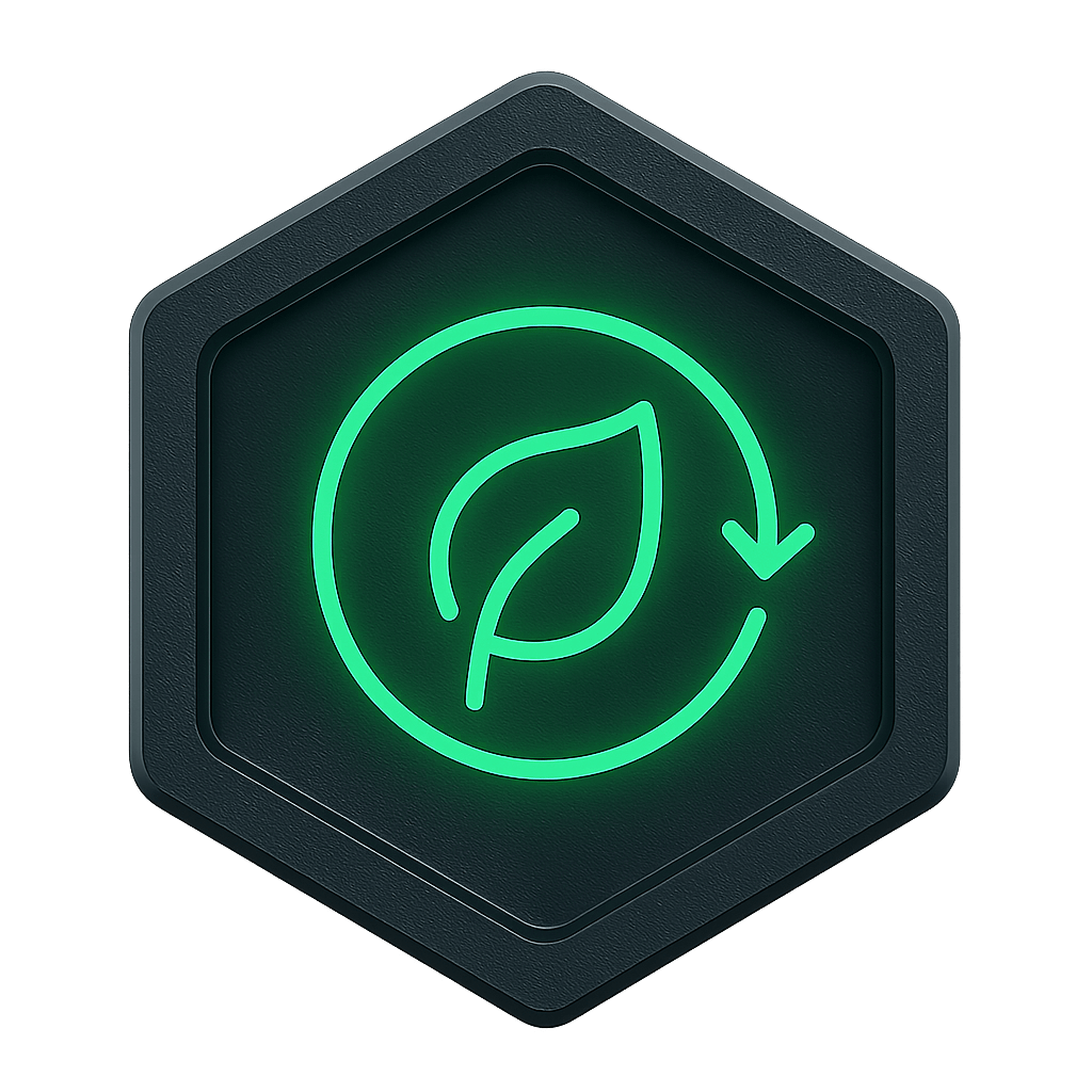 Environmental Aspects & Impacts: Hexagonal metallic badge with a glowing green leaf inside a circular arrow icon representing environmental aspects and impacts management.