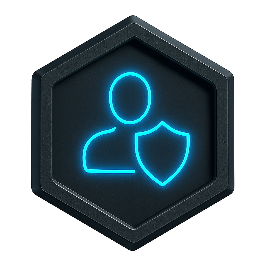Personal Data & GDPR: Hexagonal metallic badge with a glowing blue user silhouette and shield icon representing personal data protection and GDPR compliance.
