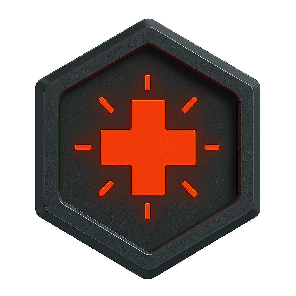 Incident Management: Hexagonal metallic badge with a glowing red emergency cross icon with alert lines representing incident response.