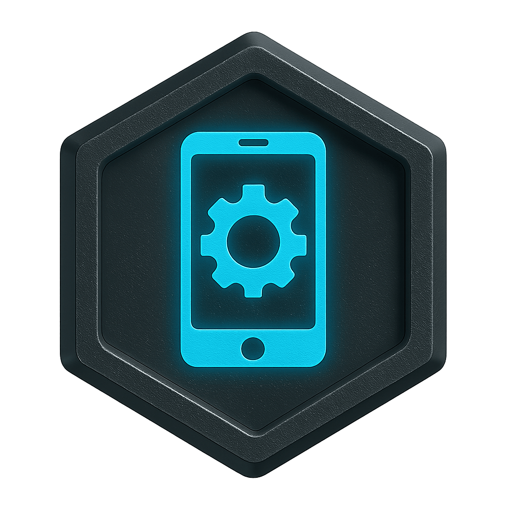 Mobile Management: Hexagonal metallic badge with a glowing blue smartphone and gear icon representing mobile device management.