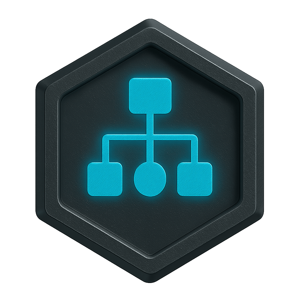 Process Control: Hexagonal metallic badge with a glowing blue flowchart nodes icon representing process control and workflow management.