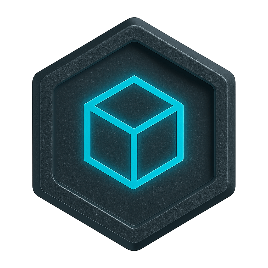 Products: Hexagonal metallic badge with a glowing blue cube icon symbolizing product and inventory management.