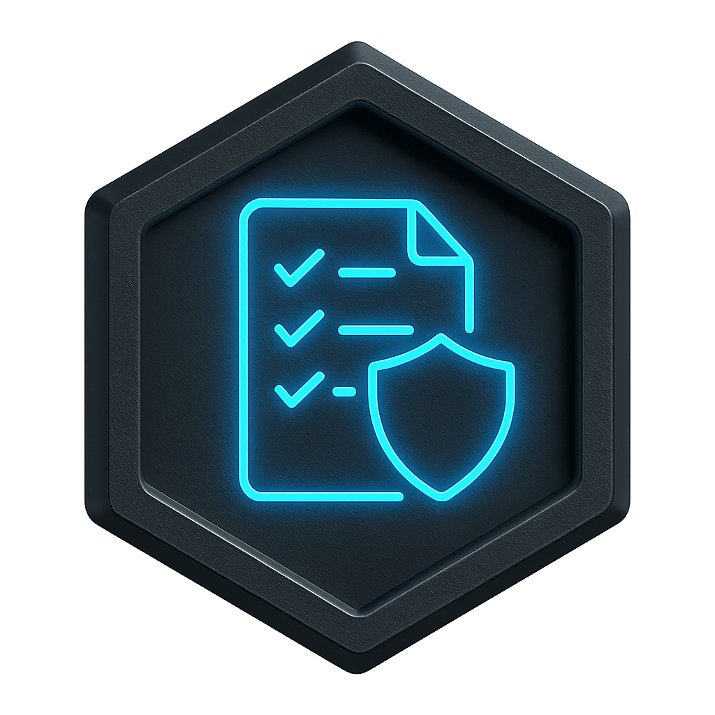Statement of Applicability (SoA): Hexagonal metallic badge with a glowing blue checklist and shield icon representing the Statement of Applicability for ISO compliance.