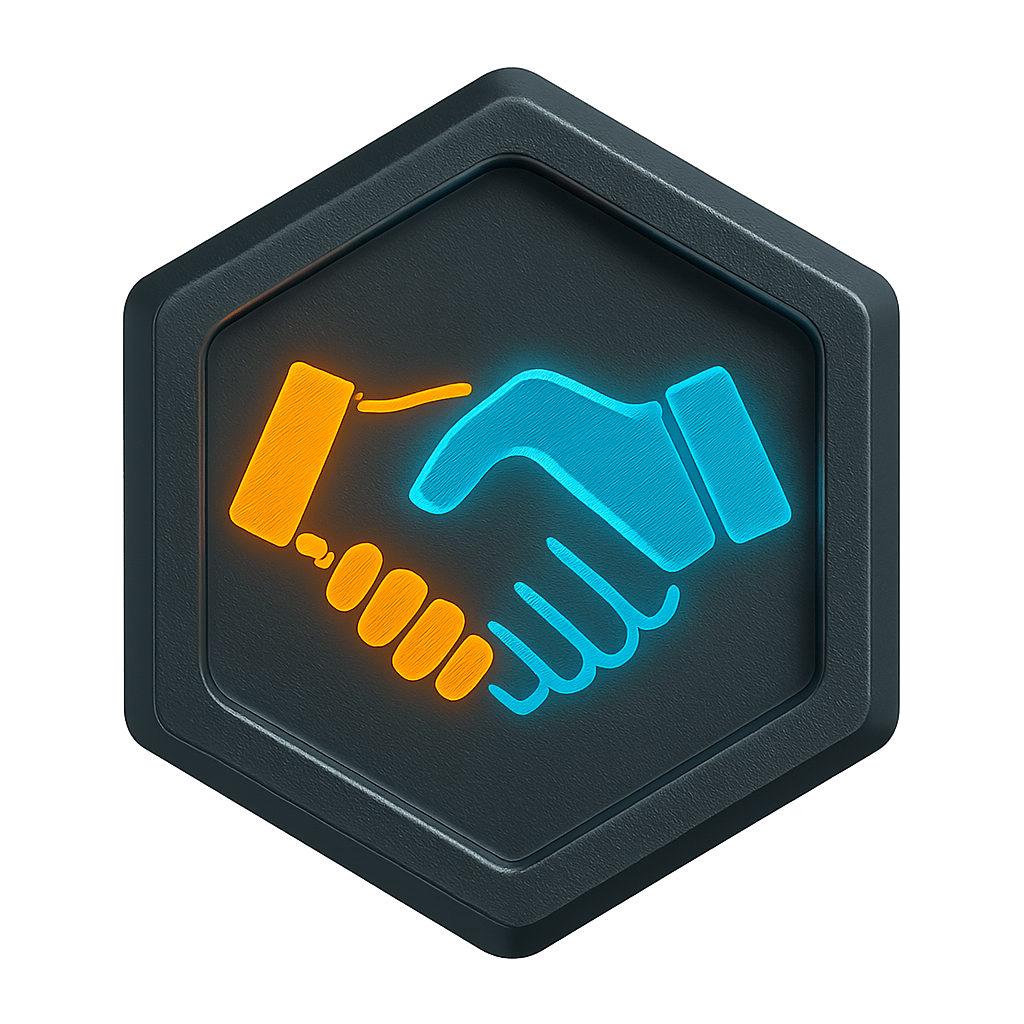 Supplier Management: Hexagonal metallic badge with glowing orange and blue hands shaking icon representing supplier relationship management.