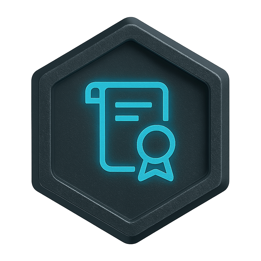Training & Competency: Hexagonal metallic badge with a glowing blue certificate and scroll icon representing training and competency tracking.