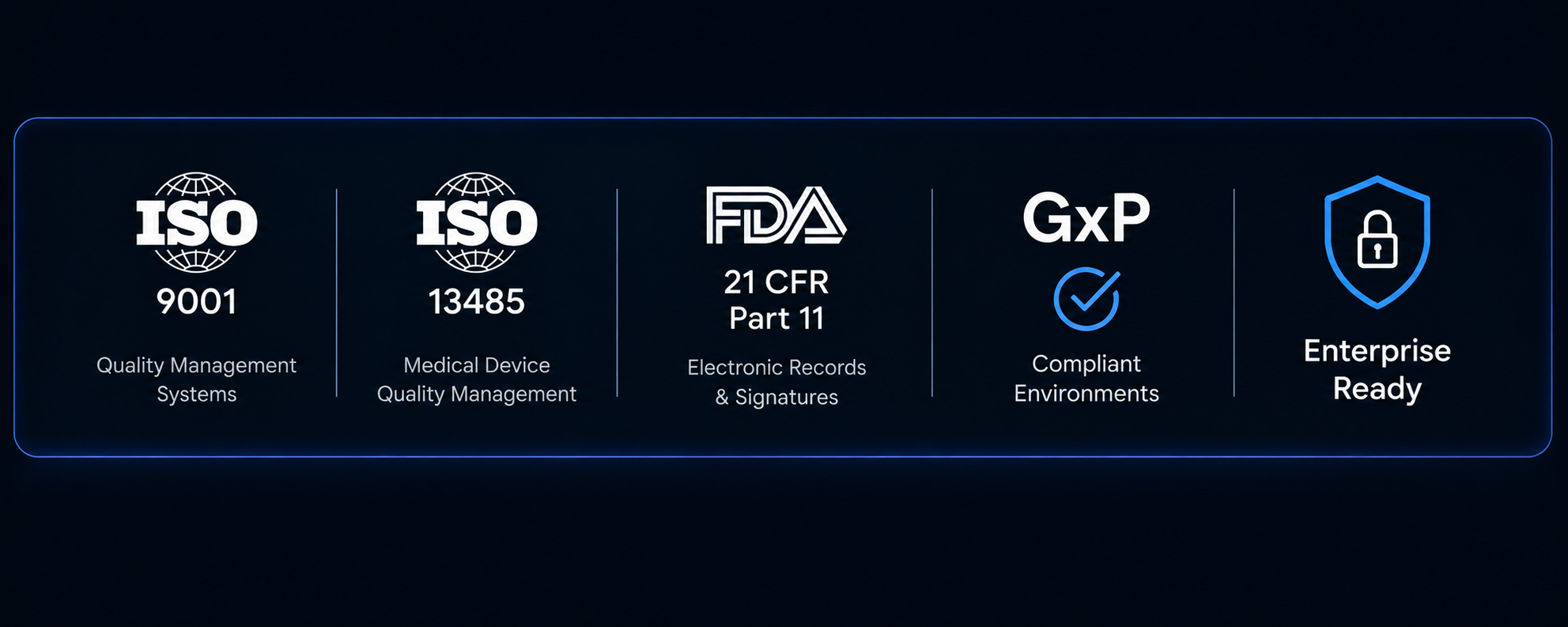 ChatGPT Image Jun 24, 2026, 01_11_06 PM Trust and compliance banner showing five certification and readiness indicators on a dark blue background. The strip highlights ISO 9001 Quality Management Systems, ISO 13485 Medical Device Quality Management, FDA 21 CFR Part 11 Electronic Records and Signatures, GxP Compliant Environments, and Enterprise Ready status. Each standard is represented by a clean icon and separated by vertical dividers, reinforcing Zebsoft’s suitability for regulated industries, quality management, compliance, and enterprise-scale operations.