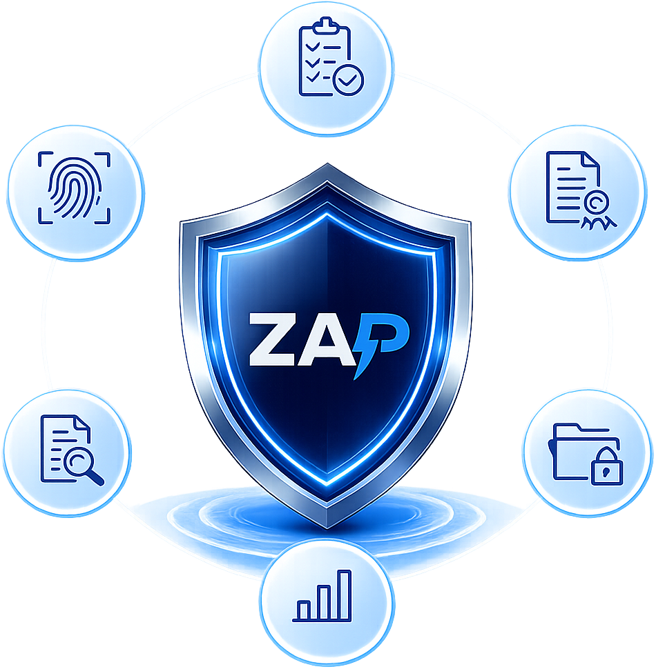 Architectural illustration representing supplier governance and assurance, showing a premium shield surrounded by audit, compliance, evidence, reporting and traceability icons, reinforcing controlled supplier management and operational accountability within the Zebsoft Assurance Platform.