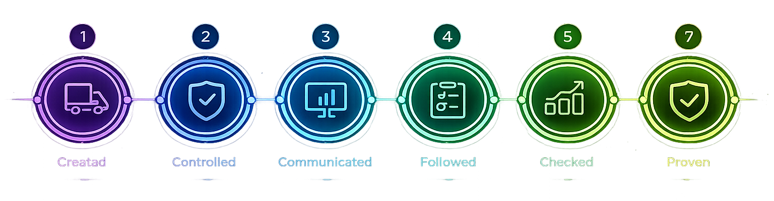 image (96) Seven-stage quality management lifecycle infographic displayed on a dark background with a glowing colour transition from purple through blue to green. Each stage is represented by a circular icon connected by illuminated lines, showing the progression from Created, Controlled, Communicated, Followed, Checked, Improved, and Proven. The visual illustrates how quality information moves through a structured process, transforming from initial creation into verified and evidenced compliance through continuous monitoring, improvement, and validation. The design emphasises connected workflows, operational control, traceability, and continuous quality assurance within an enterprise eQMS environment.