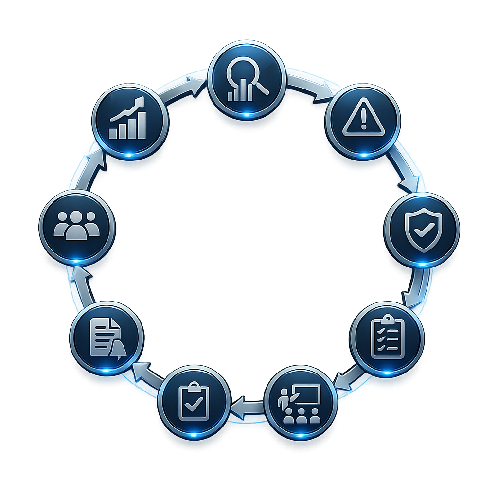 An image that explains: Business continuity is not a one-off project. It is a continuous management process. Every activity builds on the previous one. Business Impact Analysis identifies what matters. Risk assessments identify potential disruption. Recovery strategies define how services continue. Plans assign responsibilities. Exercises validate readiness. Management reviews identify improvements. The cycle never stops.