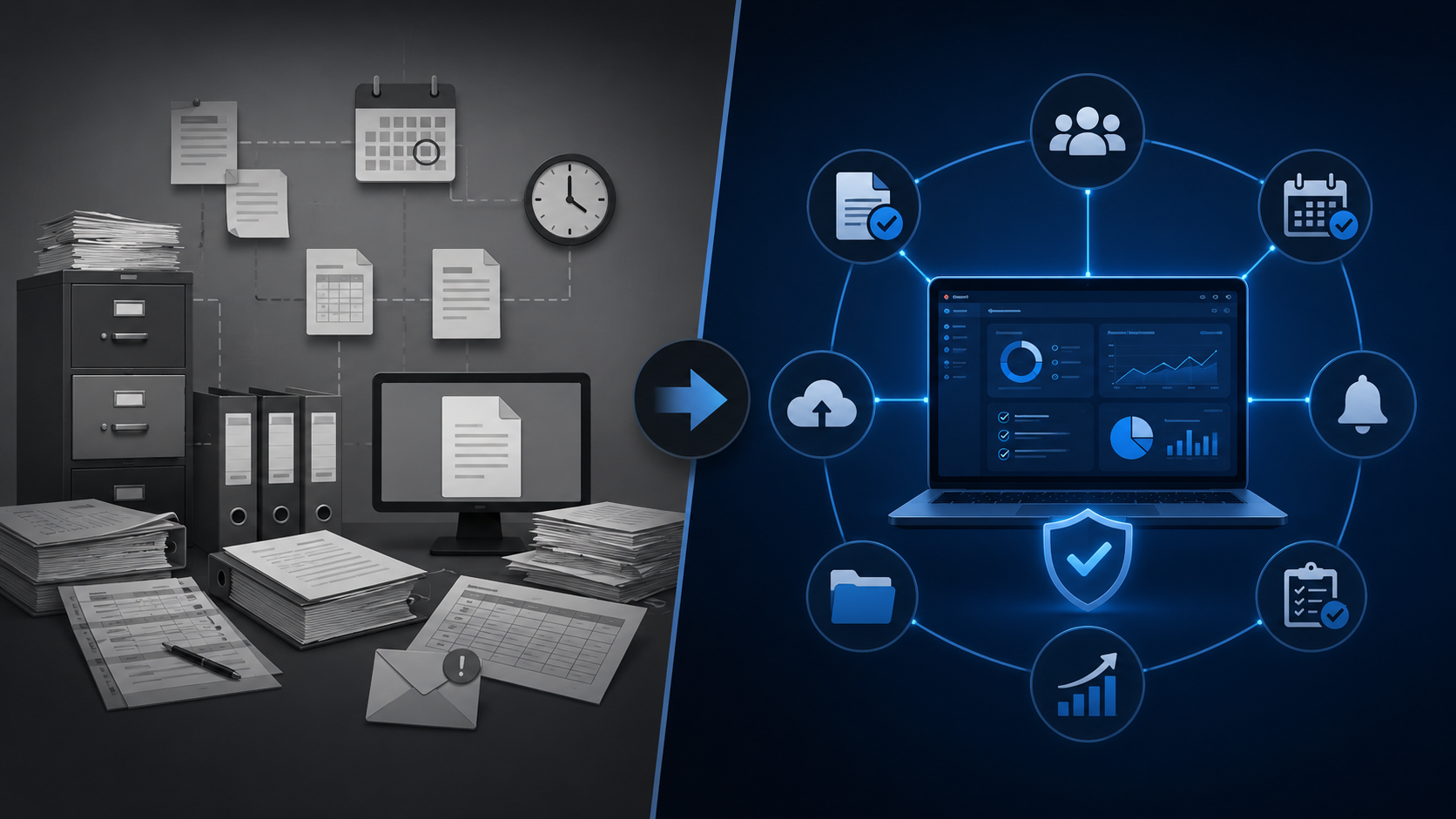 Comparison illustrating the evolution from traditional business continuity planning using paper documents, spreadsheets and manual reminders to an integrated ISO 22301 Business Continuity Management System. The modern platform centralises documents, workflows, notifications, dashboards, evidence collection, collaboration and operational assurance within a single connected business continuity software solution.