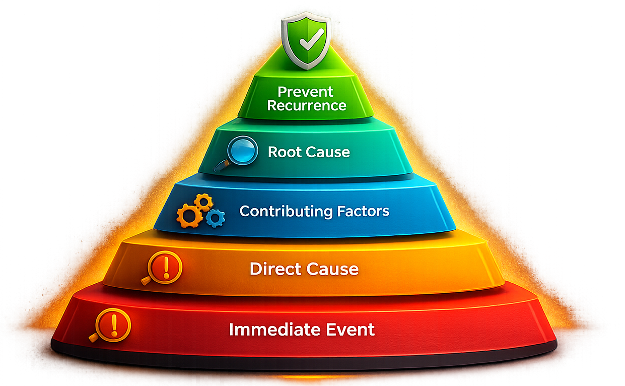 Root Cause Analysis Pyramid | Incident Investigation & Preventive Action | Zebsoft Illustration of fragmented supplier management showing disconnected spreadsheets, email chains, paper documents, folders, expired certificates, manual reminders and multiple approval routes linked by broken paths. Muted grey icons with subtle amber warning indicators highlight poor visibility, compliance risk and lack of operational control.