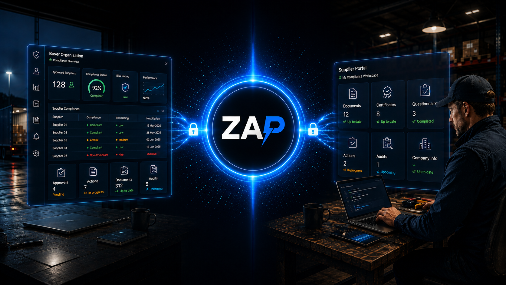 Secure Supplier Portal Connecting External Suppliers with Buyer Governance Architectural illustration showing a secure supplier portal connecting an external supplier workspace with a buyer organisation's compliance dashboard. A central ZAP hub securely links both environments, allowing suppliers to upload documents, maintain certificates, complete questionnaires, manage audits and respond to actions while the buying organisation retains full visibility, approval control, compliance monitoring and supplier governance.