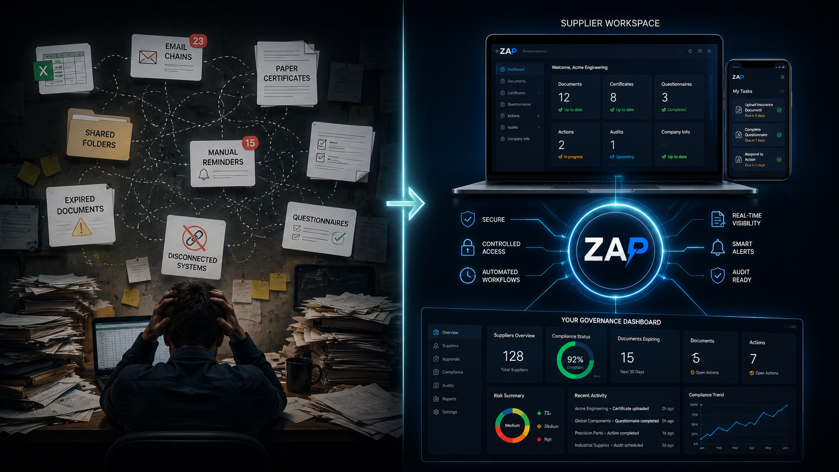 From Supplier Administration to Continuous Supplier Assurance Architectural comparison illustrating the transformation from fragmented supplier compliance management using spreadsheets, emails, paper documents and manual reminders to a secure supplier workspace connected to the Zebsoft Assurance Platform. Suppliers maintain documents, certificates, questionnaires and audits through a controlled portal while organisations gain real-time visibility, governance, traceability and supplier assurance.