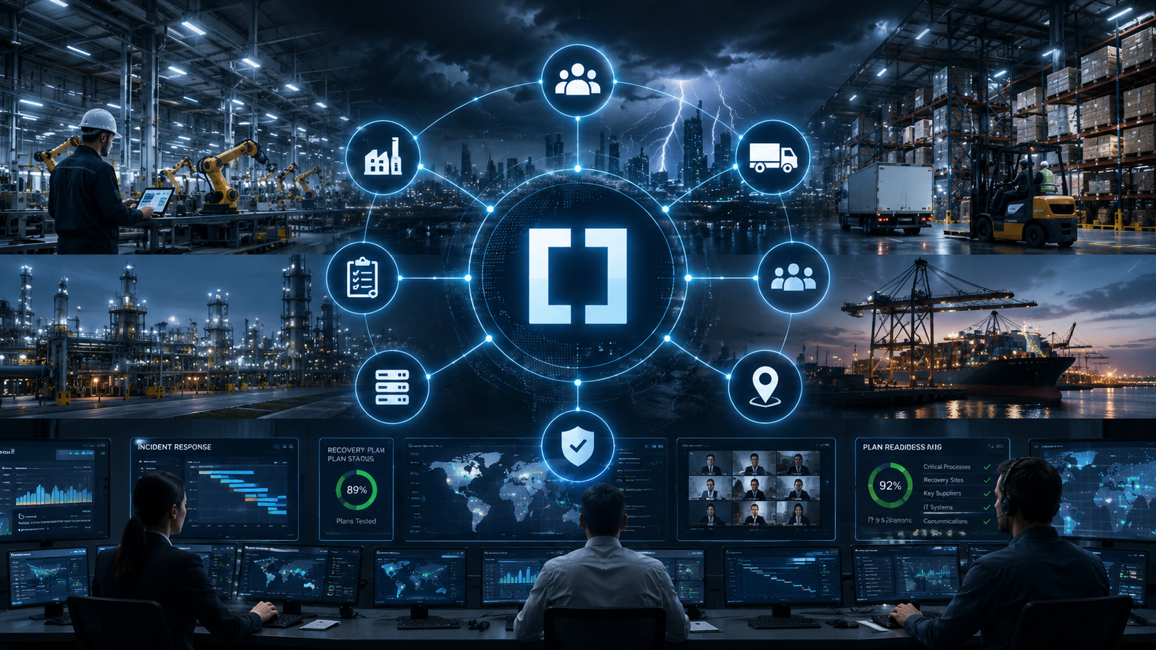 Illustration showing business continuity management software coordinating people, assets, production, IT systems, suppliers, facilities and emergency response through a central operational resilience platform. The visual demonstrates how structured planning, risk management, incident response and recovery activities protect organisations from disruption while maintaining business operations.