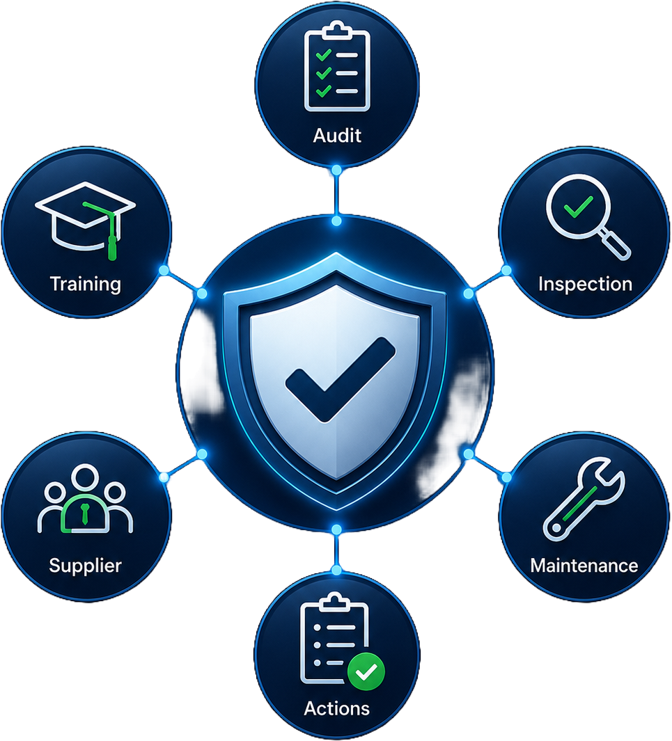 Illustration of fragmented supplier management showing disconnected spreadsheets, email chains, paper documents, folders, expired certificates, manual reminders and multiple approval routes linked by broken paths. Muted grey icons with subtle amber warning indicators highlight poor visibility, compliance risk and lack of operational control.