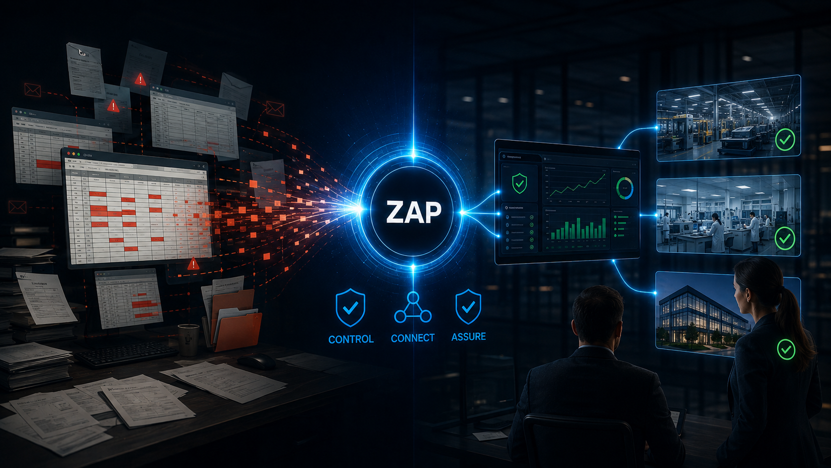 Enterprise eQMS operational view connecting quality records owners actions and multi-site exceptions
