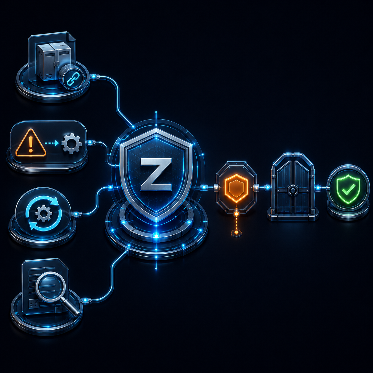 Alt: Supplier approval, incident response, controlled change and audit verification connected through one Zebsoft system to accountable decisions and verified assurance.
