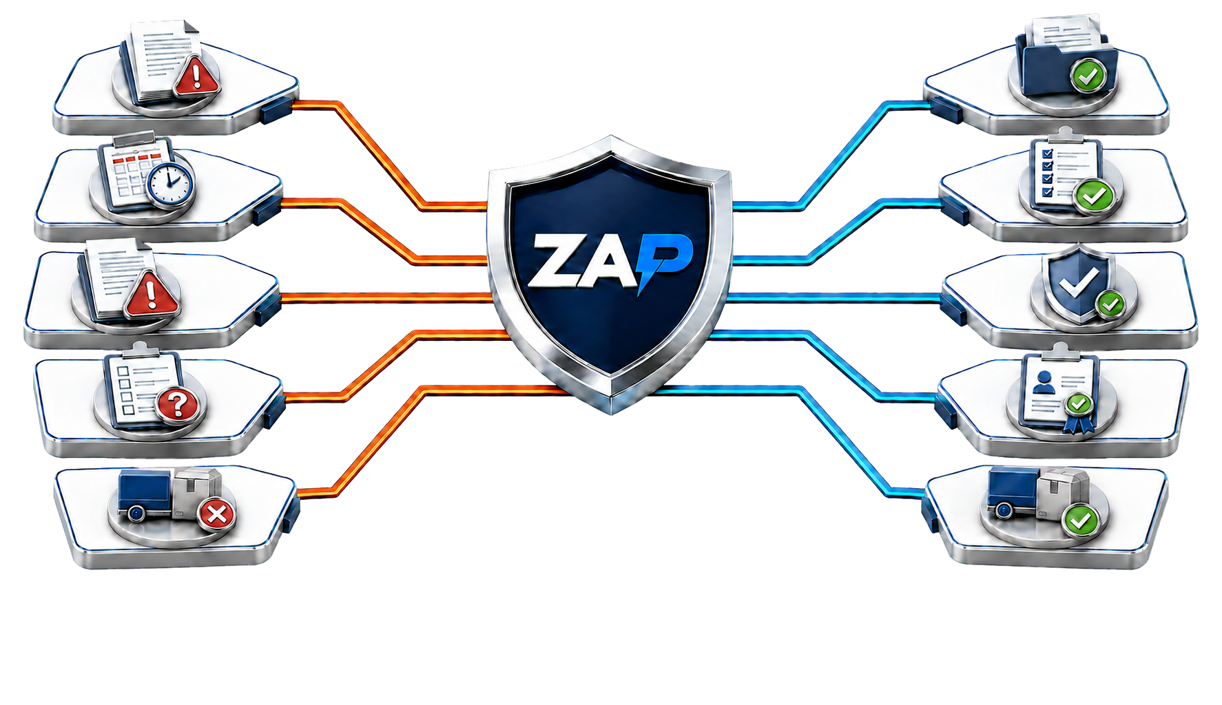 Transitional structure Zebsoft ZAP platform visual showing business risks and compliance issues being transformed into operational control, assurance, accountability and improved performance through connected governance, risk and compliance management software.